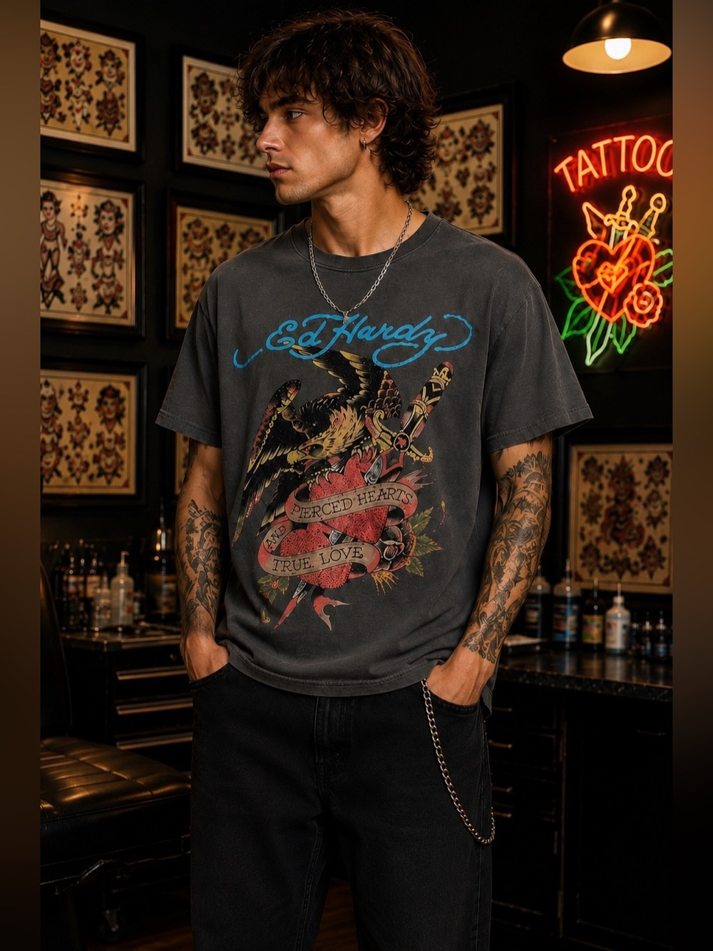 Ed Hardy Pierced Hearts True Love Graphic Tee Rhinestone Eagle Gray M Y2K Grunge